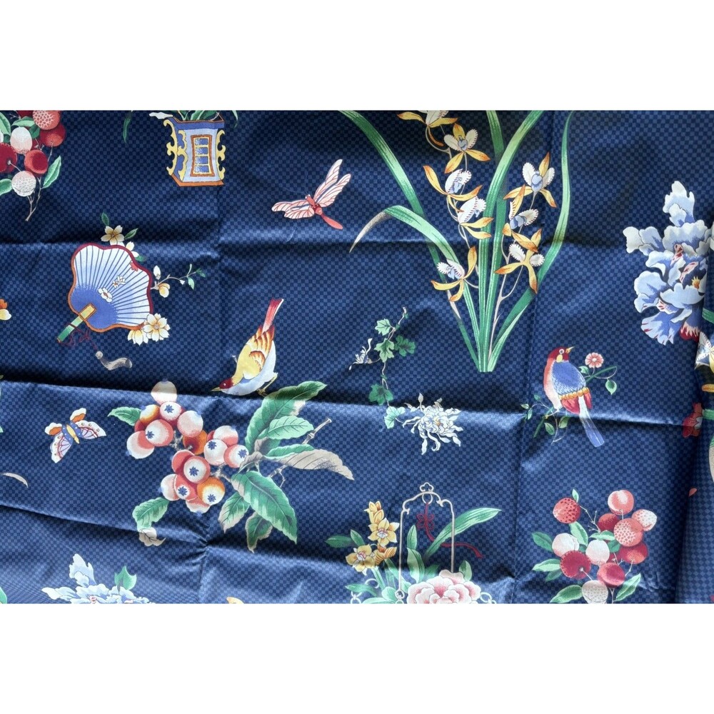 VTG P. Kaufman Botanical Birds on Blue Check Background Chintz Interiors Fabric